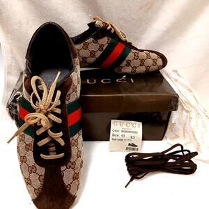 Gucci Web Detail Trainers Men 9.5 GG Canvas Suede Brown Tan Logo w BOX AND Card